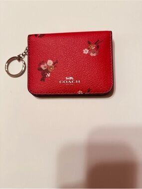 Coach Bifold Red Floral Leather Card Case with Key Ring